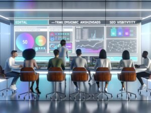 Futuristischer Newsroom 2025 mit großen Displays, auf denen Redakteur:innen Echtzeit-Content-Analysen und KPIs auswerten sowie an digitalen Whiteboards zu Traffic und SEO diskutieren.