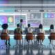 Futuristischer Newsroom 2025 mit großen Displays, auf denen Redakteur:innen Echtzeit-Content-Analysen und KPIs auswerten sowie an digitalen Whiteboards zu Traffic und SEO diskutieren.
