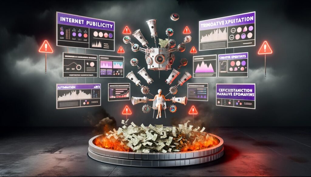 Marketer arbeitet mit automatisierten Amazon-Werbetools, umgeben von digitalen Bildschirmen, Robotern und Datenströmen, während manuelles Testen als ineffizient dargestellt wird.