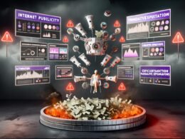 Marketer arbeitet mit automatisierten Amazon-Werbetools, umgeben von digitalen Bildschirmen, Robotern und Datenströmen, während manuelles Testen als ineffizient dargestellt wird.