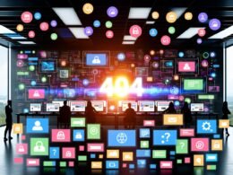Breit aufgestelltes Redaktionsteam in einem digitalen Medienbüro voller Monitore mit bunten Daten, KI-Empfehlungen und Community-Chats, flexiblen Zahloptionen und Membership-Abzeichen, vor einer urbanen, leuchtenden Kulisse mit 404-Logo.