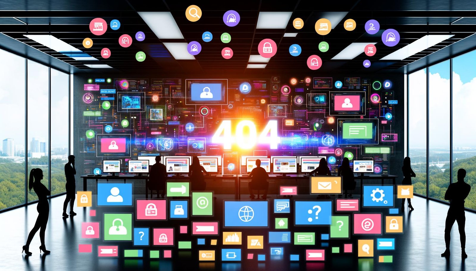 Breit aufgestelltes Redaktionsteam in einem digitalen Medienbüro voller Monitore mit bunten Daten, KI-Empfehlungen und Community-Chats, flexiblen Zahloptionen und Membership-Abzeichen, vor einer urbanen, leuchtenden Kulisse mit 404-Logo.