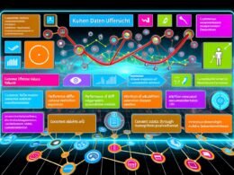 Modernes Kundendaten Übersicht Dashboard mit bunten, vernetzten Widgets für Kundenmetriken, grafischen Analysen, Consent-Status und Multichannel-Attribution, integriert mit CRM, Apps, E-Commerce und Offline-Touchpoints.