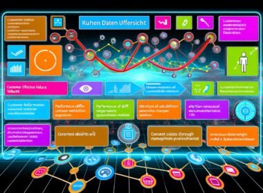 Modernes Kundendaten Übersicht Dashboard mit bunten, vernetzten Widgets für Kundenmetriken, grafischen Analysen, Consent-Status und Multichannel-Attribution, integriert mit CRM, Apps, E-Commerce und Offline-Touchpoints.