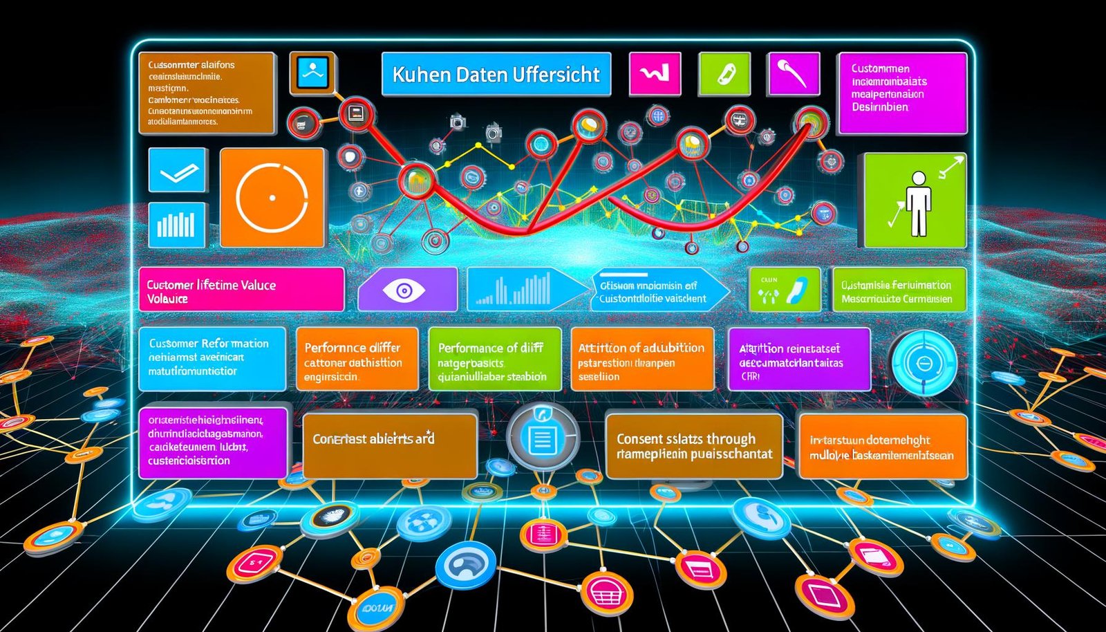 Modernes Kundendaten Übersicht Dashboard mit bunten, vernetzten Widgets für Kundenmetriken, grafischen Analysen, Consent-Status und Multichannel-Attribution, integriert mit CRM, Apps, E-Commerce und Offline-Touchpoints.