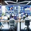 Motiviertes Redaktionsteam arbeitet mit KI-Analysetools, Content-Software und digitalen Assistenten in einem modernen, hellen Redaktionsbüro mit futuristischem Design.