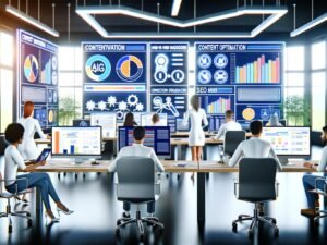 Motiviertes Redaktionsteam arbeitet mit KI-Analysetools, Content-Software und digitalen Assistenten in einem modernen, hellen Redaktionsbüro mit futuristischem Design.