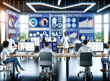 Motiviertes Redaktionsteam arbeitet mit KI-Analysetools, Content-Software und digitalen Assistenten in einem modernen, hellen Redaktionsbüro mit futuristischem Design.