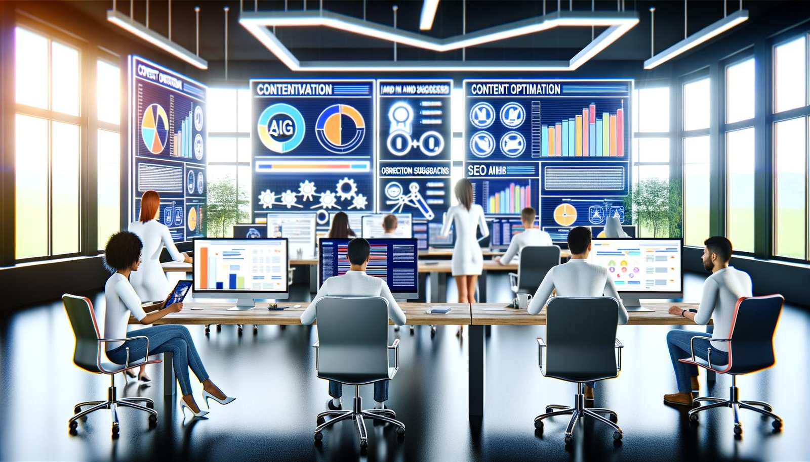 Motiviertes Redaktionsteam arbeitet mit KI-Analysetools, Content-Software und digitalen Assistenten in einem modernen, hellen Redaktionsbüro mit futuristischem Design.