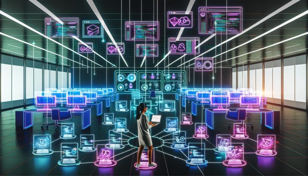 Futuristisches Büro mit Monitoren voller Amazon Ads Dashboards, Code-Editoren und KPI-Charts; Marketingprofi automatisiert Kreativtests mithilfe von Skripten und APIs in dynamisch beleuchteter Umgebung.