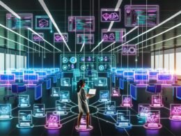 Futuristisches Büro mit Monitoren voller Amazon Ads Dashboards, Code-Editoren und KPI-Charts; Marketingprofi automatisiert Kreativtests mithilfe von Skripten und APIs in dynamisch beleuchteter Umgebung.