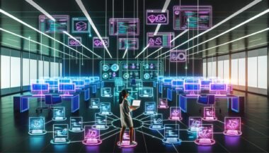 Futuristisches Büro mit Monitoren voller Amazon Ads Dashboards, Code-Editoren und KPI-Charts; Marketingprofi automatisiert Kreativtests mithilfe von Skripten und APIs in dynamisch beleuchteter Umgebung.