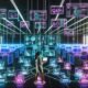 Futuristisches Büro mit Monitoren voller Amazon Ads Dashboards, Code-Editoren und KPI-Charts; Marketingprofi automatisiert Kreativtests mithilfe von Skripten und APIs in dynamisch beleuchteter Umgebung.