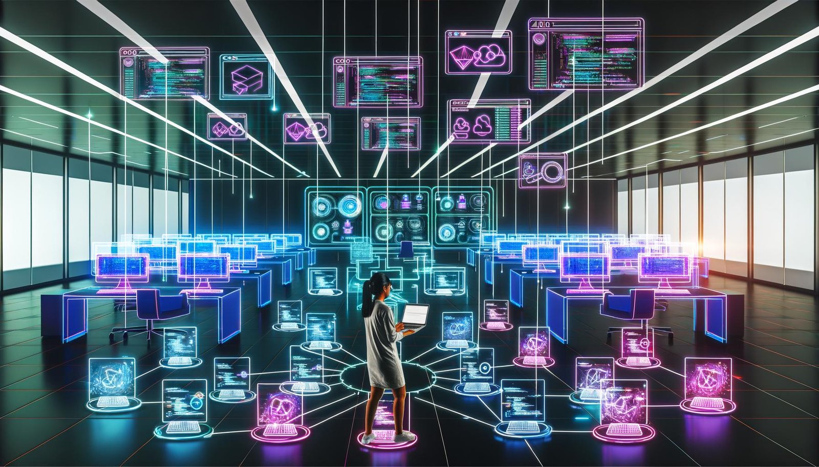 Futuristisches Büro mit Monitoren voller Amazon Ads Dashboards, Code-Editoren und KPI-Charts; Marketingprofi automatisiert Kreativtests mithilfe von Skripten und APIs in dynamisch beleuchteter Umgebung.