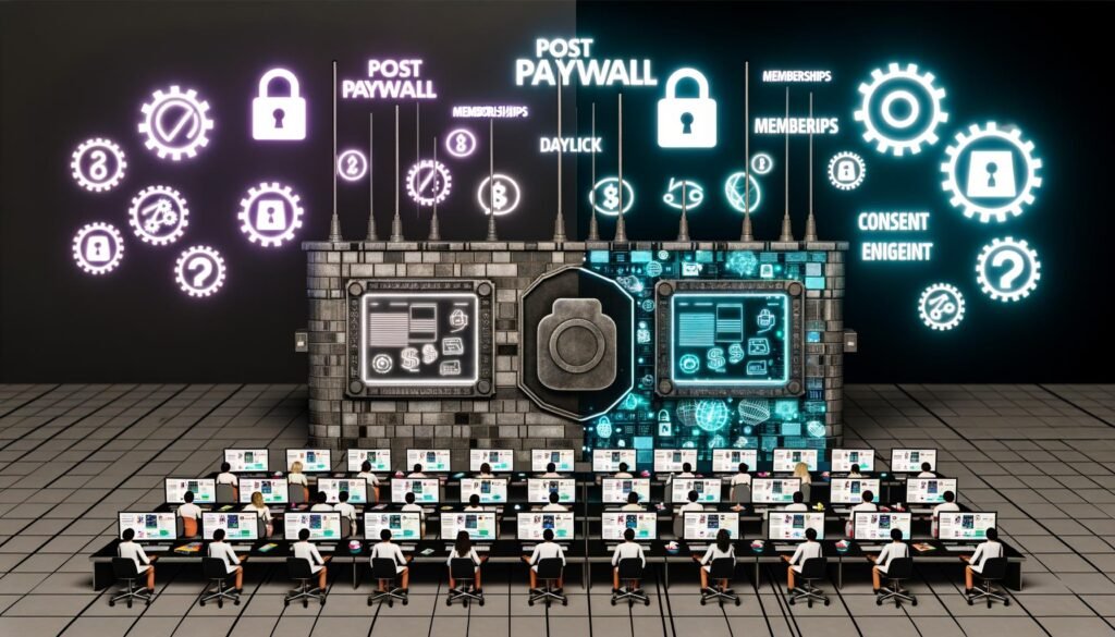 Futuristischer digitaler Nachrichtenraum, geteilt in graue Paywalls mit Schlössern und offene, bunte Inhalte mit Icons für Micropayment, Membership und Social Sharing. Im Mittelpunkt Journalisten an modernen digitalen Dashboards, umgeben von leuchtenden technischen Schlagwörtern.