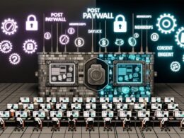 Futuristischer digitaler Nachrichtenraum, geteilt in graue Paywalls mit Schlössern und offene, bunte Inhalte mit Icons für Micropayment, Membership und Social Sharing. Im Mittelpunkt Journalisten an modernen digitalen Dashboards, umgeben von leuchtenden technischen Schlagwörtern.