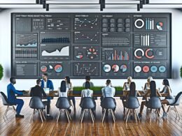 Redaktionsmitglieder analysieren Content-Performance auf einem großen digitalen Dashboard in modernem Büro.