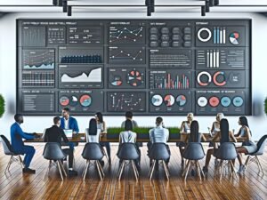 Redaktionsmitglieder analysieren Content-Performance auf einem großen digitalen Dashboard in modernem Büro.
