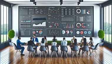 Redaktionsmitglieder analysieren Content-Performance auf einem großen digitalen Dashboard in modernem Büro.