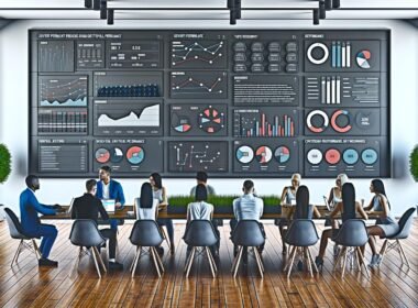 Redaktionsmitglieder analysieren Content-Performance auf einem großen digitalen Dashboard in modernem Büro.