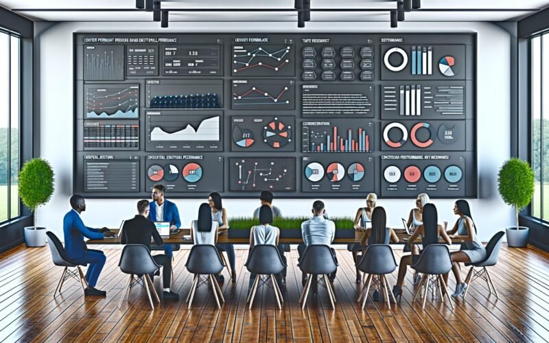 Redaktionsmitglieder analysieren Content-Performance auf einem großen digitalen Dashboard in modernem Büro.