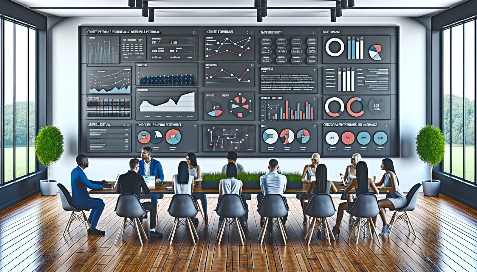 Redaktionsmitglieder analysieren Content-Performance auf einem großen digitalen Dashboard in modernem Büro.