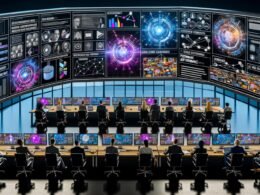 Hypermodernes Amazon Ads Command Center mit digitalen Dashboards, Echtzeitperformance, KI-Empfehlungen und nahtlosen Native Ad-Previews auf Produktseiten, im Hintergrund verblassende Banneranzeigen.