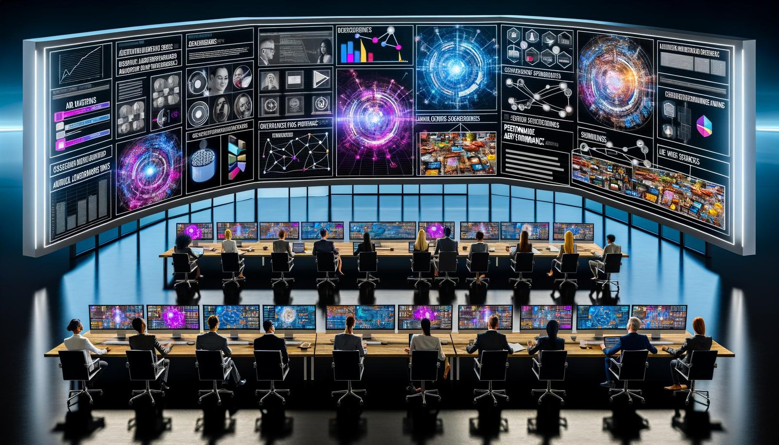 Hypermodernes Amazon Ads Command Center mit digitalen Dashboards, Echtzeitperformance, KI-Empfehlungen und nahtlosen Native Ad-Previews auf Produktseiten, im Hintergrund verblassende Banneranzeigen.