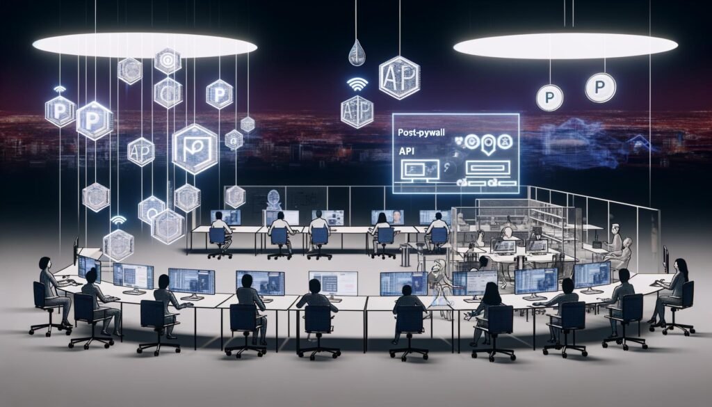 Offener Newsroom im futuristischen Stil mit digitalen und physischen Elementen, Journalisten und Hologramm-Symbolen für API, Blockchain und Mikropayments, animierte Diagramme und Daten-Displays.