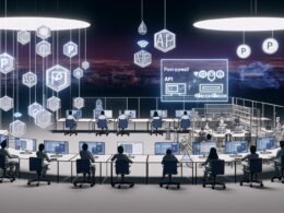 Offener Newsroom im futuristischen Stil mit digitalen und physischen Elementen, Journalisten und Hologramm-Symbolen für API, Blockchain und Mikropayments, animierte Diagramme und Daten-Displays.