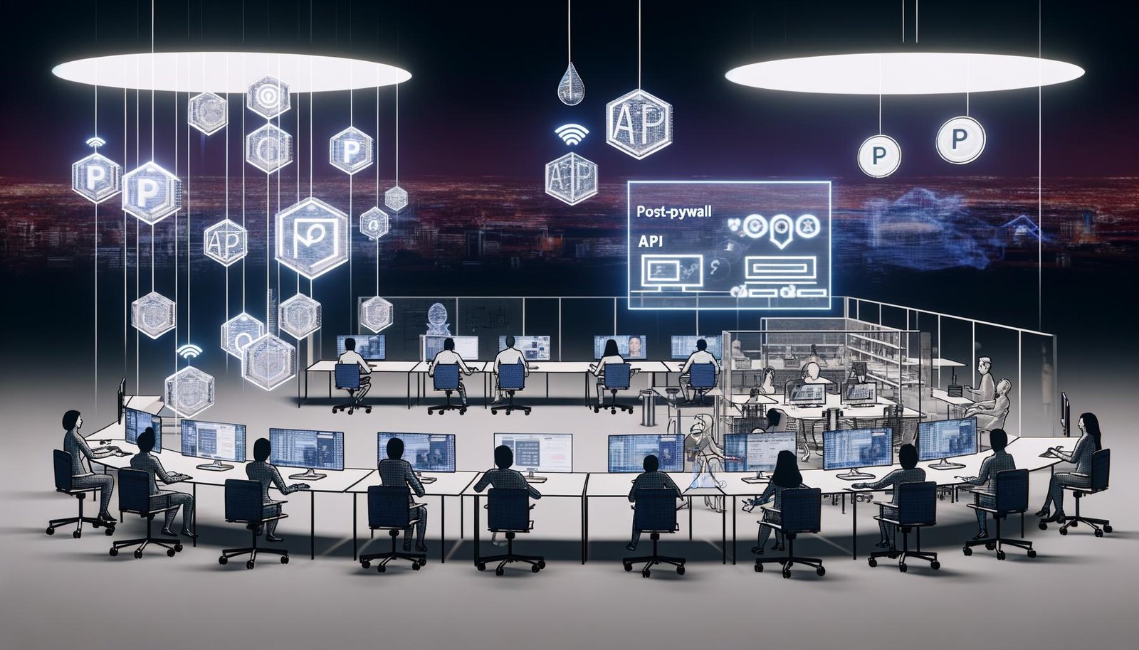Offener Newsroom im futuristischen Stil mit digitalen und physischen Elementen, Journalisten und Hologramm-Symbolen für API, Blockchain und Mikropayments, animierte Diagramme und Daten-Displays.
