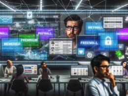 Modernes digitales Zeitungsbüro mit großem Bildschirm, auf dem Paywall-Modelle dargestellt werden, unterschiedliche Akteure im Vordergrund und grafisch illustrierte Daten- und Zahlungströme im Hintergrund.