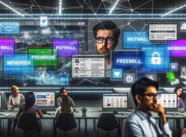 Modernes digitales Zeitungsbüro mit großem Bildschirm, auf dem Paywall-Modelle dargestellt werden, unterschiedliche Akteure im Vordergrund und grafisch illustrierte Daten- und Zahlungströme im Hintergrund.