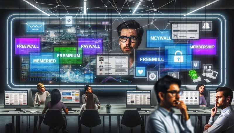 Modernes digitales Zeitungsbüro mit großem Bildschirm, auf dem Paywall-Modelle dargestellt werden, unterschiedliche Akteure im Vordergrund und grafisch illustrierte Daten- und Zahlungströme im Hintergrund.