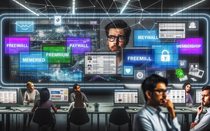 Modernes digitales Zeitungsbüro mit großem Bildschirm, auf dem Paywall-Modelle dargestellt werden, unterschiedliche Akteure im Vordergrund und grafisch illustrierte Daten- und Zahlungströme im Hintergrund.