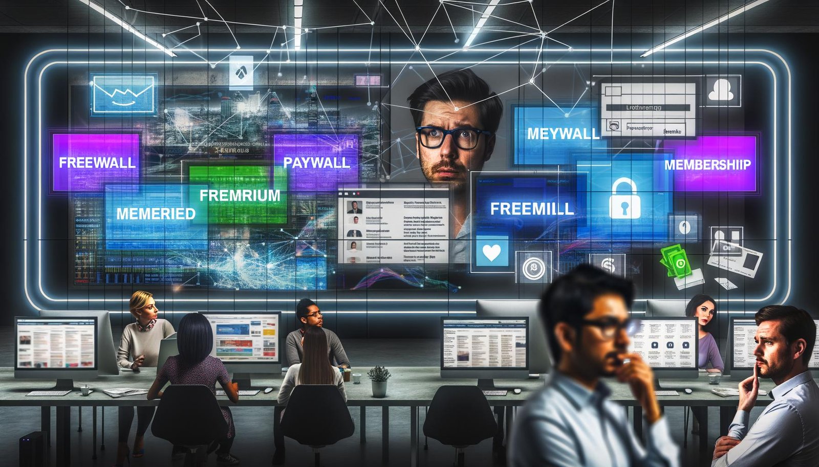 Modernes digitales Zeitungsbüro mit großem Bildschirm, auf dem Paywall-Modelle dargestellt werden, unterschiedliche Akteure im Vordergrund und grafisch illustrierte Daten- und Zahlungströme im Hintergrund.