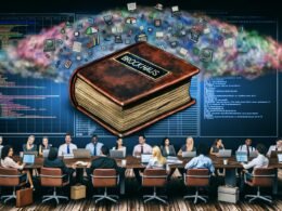Marketingteam im modernen Büro unter Datenwolke, umgeben von Laptops, Charts und veraltetem Brockhaus-Lexikon auf dem Regal.