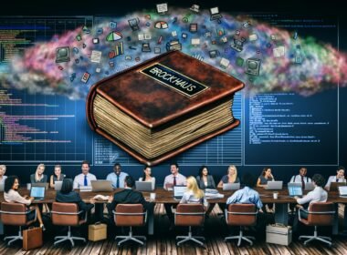 Marketingteam im modernen Büro unter Datenwolke, umgeben von Laptops, Charts und veraltetem Brockhaus-Lexikon auf dem Regal.