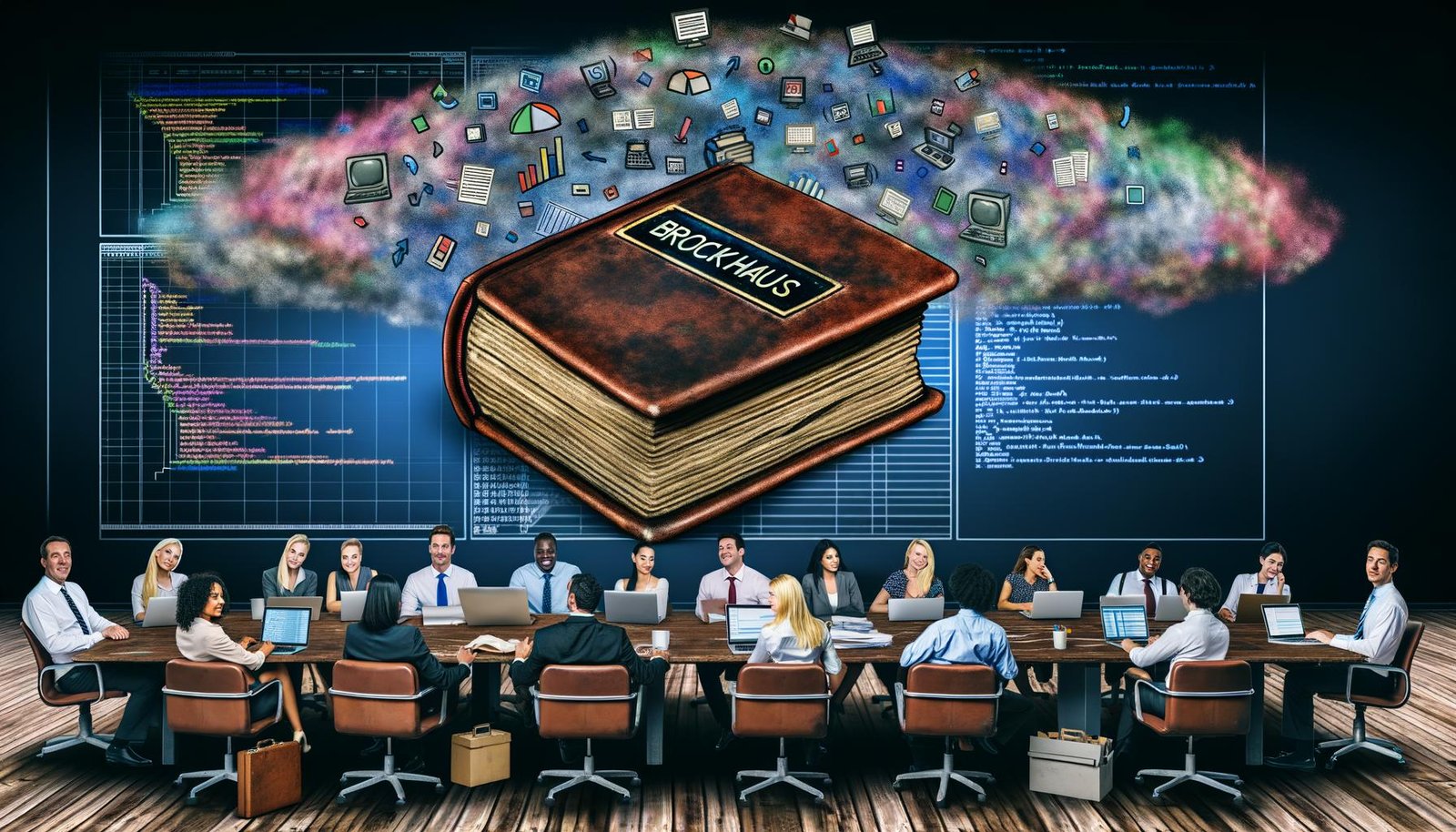 Marketingteam im modernen Büro unter Datenwolke, umgeben von Laptops, Charts und veraltetem Brockhaus-Lexikon auf dem Regal.