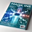 Modernes, abstraktes Magazin-Cover mit vernetzter Datenvisualisierung, Marketing-Icons und leuchtenden Datenpunkten in Blau- und Türkistönen