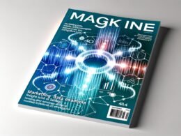 Modernes, abstraktes Magazin-Cover mit vernetzter Datenvisualisierung, Marketing-Icons und leuchtenden Datenpunkten in Blau- und Türkistönen