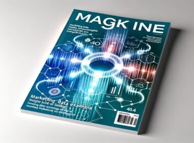 Modernes, abstraktes Magazin-Cover mit vernetzter Datenvisualisierung, Marketing-Icons und leuchtenden Datenpunkten in Blau- und Türkistönen