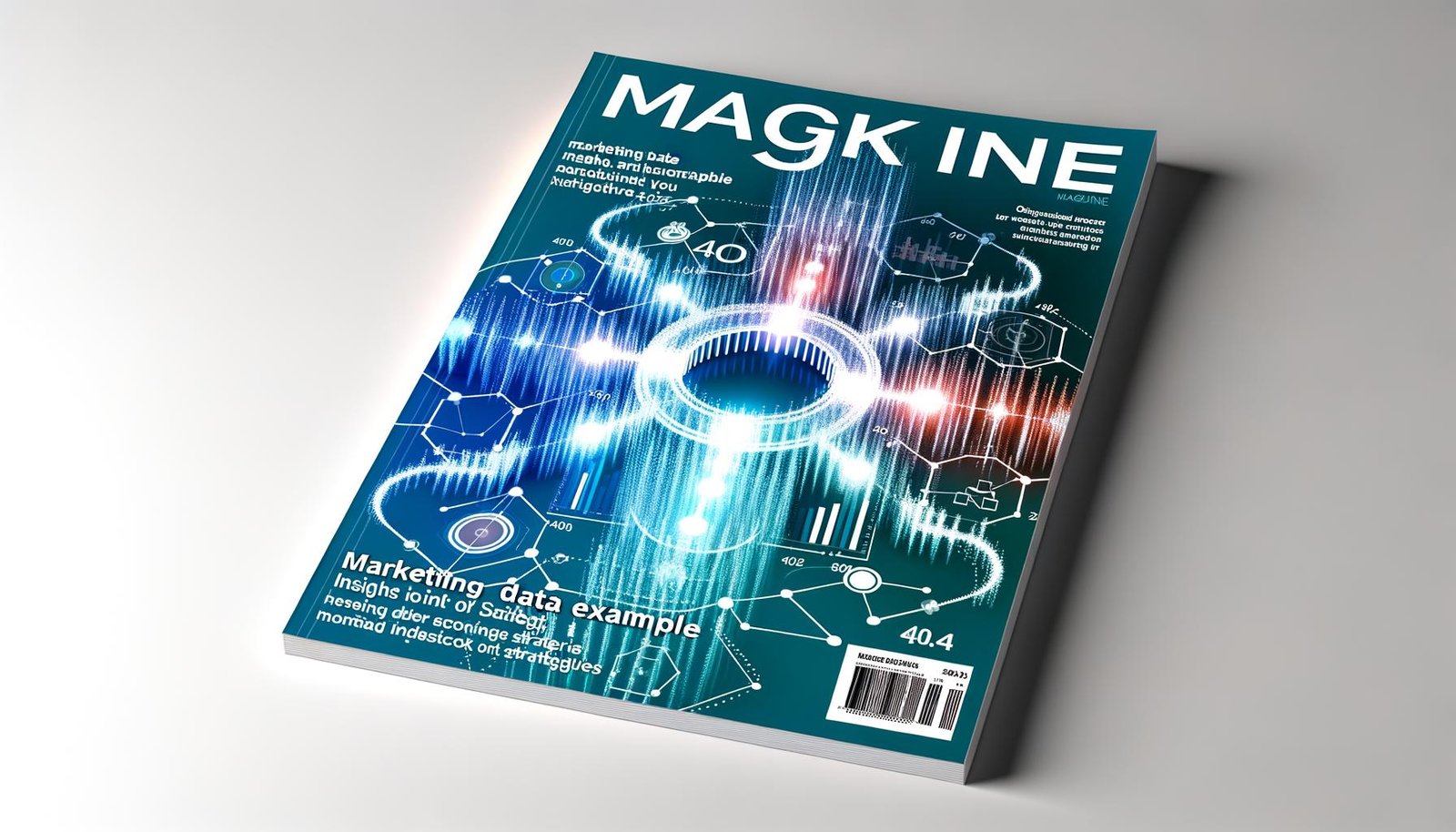 Modernes, abstraktes Magazin-Cover mit vernetzter Datenvisualisierung, Marketing-Icons und leuchtenden Datenpunkten in Blau- und Türkistönen