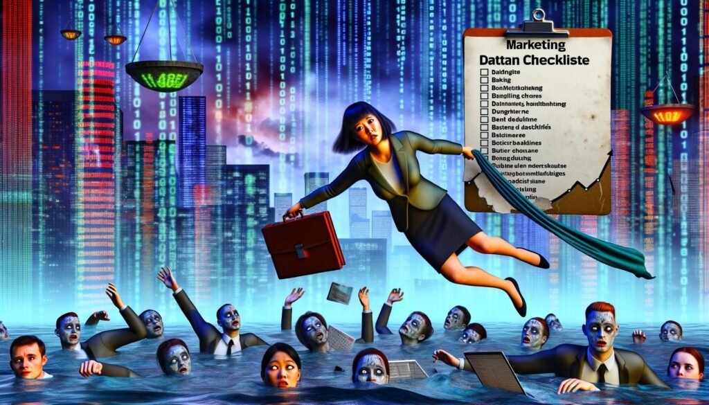 Geschäftsperson hält sich an einer Marketing Daten Checkliste über Wasser, umgeben von Datenströmen, während panische Büroangestellte mit kaputten Dashboards im digitalen Chaos treiben.