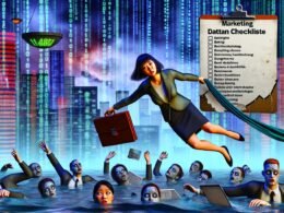 Geschäftsperson hält sich an einer Marketing Daten Checkliste über Wasser, umgeben von Datenströmen, während panische Büroangestellte mit kaputten Dashboards im digitalen Chaos treiben.