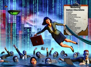 Geschäftsperson hält sich an einer Marketing Daten Checkliste über Wasser, umgeben von Datenströmen, während panische Büroangestellte mit kaputten Dashboards im digitalen Chaos treiben.