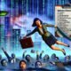 Geschäftsperson hält sich an einer Marketing Daten Checkliste über Wasser, umgeben von Datenströmen, während panische Büroangestellte mit kaputten Dashboards im digitalen Chaos treiben.