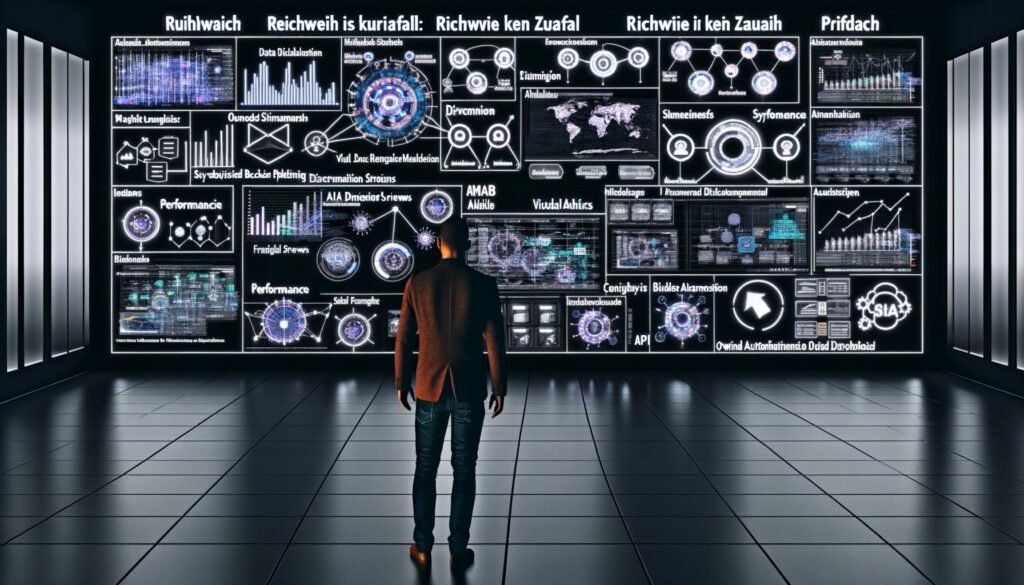 Futuristischer, dunkler Redaktionsraum mit digitalen Dashboards, Medienanalysen und vernetztem Editor vor leuchtendem Schriftzug 'Reichweite ist kein Zufall'.