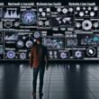 Futuristischer, dunkler Redaktionsraum mit digitalen Dashboards, Medienanalysen und vernetztem Editor vor leuchtendem Schriftzug 'Reichweite ist kein Zufall'.