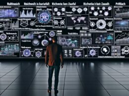 Futuristischer, dunkler Redaktionsraum mit digitalen Dashboards, Medienanalysen und vernetztem Editor vor leuchtendem Schriftzug 'Reichweite ist kein Zufall'.